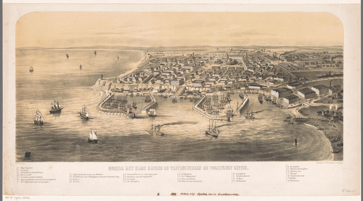 Porto de Odessa Vista aérea de Odessa com seus portos e fortificações (título no objeto) de Carel Christiaan Antony Last