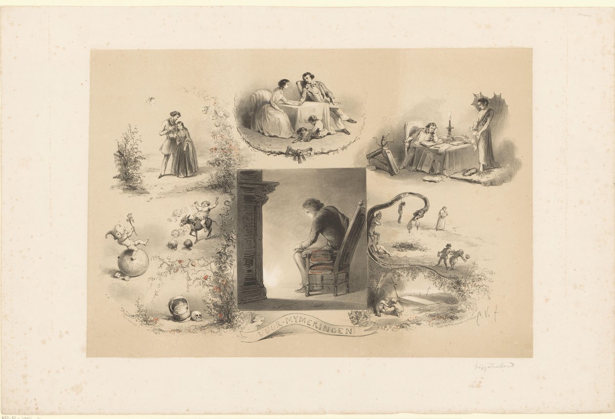 Jovem senta-se junto a uma lareira
Mitos do fogo (título sobre o objecto) de Carel Christiaan Antony Last