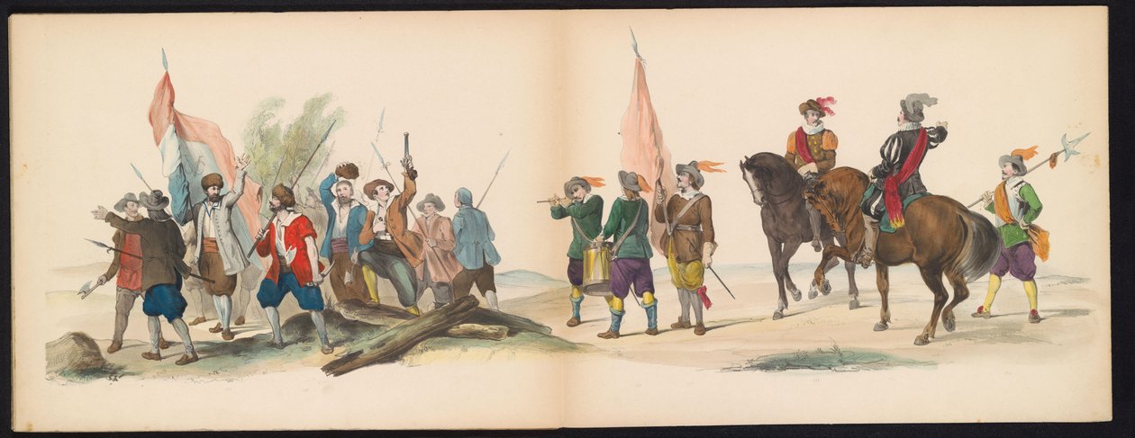 Máscara dos Estudantes de Leiden, 1850 (ilustração 12) Intogt por Frederik Hendrik no Hertogenbosch de 1629: representação fantasiada de H.H. alunos da Leydsche Hoogeschool den XI Junij do ano de 1850 (título da série no objeto) de Carel Christiaan Antony Last