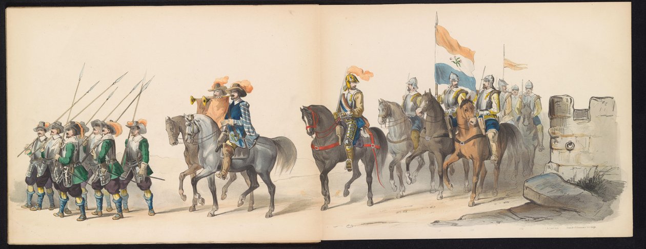 Máscara dos Estudantes de Leiden, 1850 (ilustração 13) Intogt por Frederik Hendrik no Hertogenbosch de 1629: representação fantasiada de H.H. alunos da Leydsche Hoogeschool den XI Junij do ano de 1850 (título da série no objeto) de Carel Christiaan Antony Last