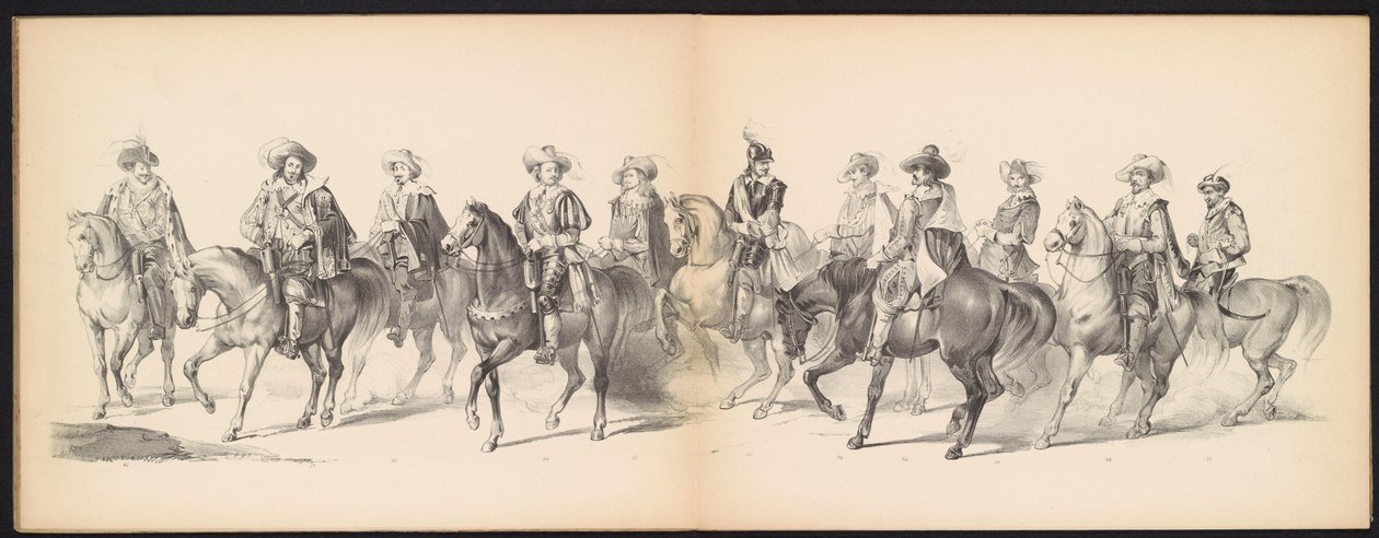Máscara dos Estudantes de Leiden, 1850 (placa 7) Intogt por Frederik Hendrik no Hertogenbosch de 1629: representação fantasiada de H.H. alunos da Leydsche Hoogeschool den XI Junij do ano de 1850 (título da série no objeto) de Carel Christiaan Antony Last