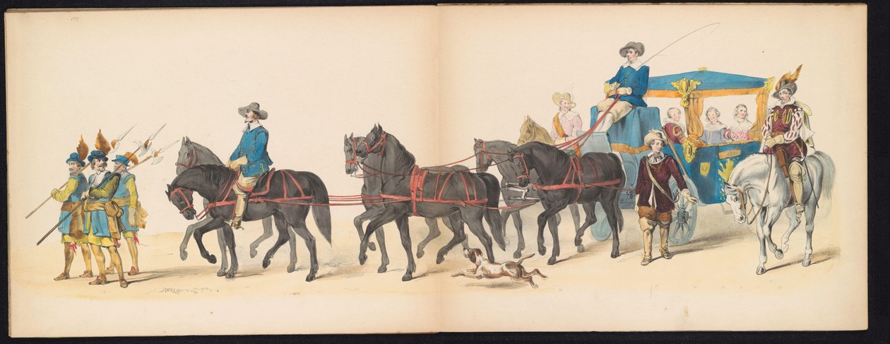 Máscara dos Estudantes de Leiden, 1850 (ilustração 8) Intogt por Frederik Hendrik no Hertogenbosch de 1629: representação fantasiada de H.H. alunos da Leydsche Hoogeschool den XI Junij do ano de 1850 (título da série no objeto) de Carel Christiaan Antony Last