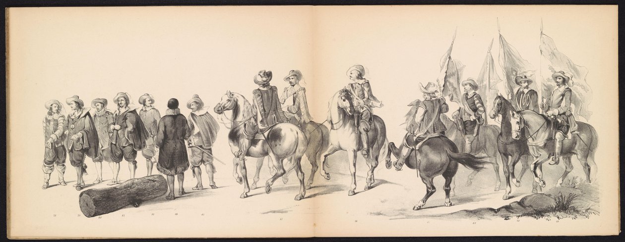 Máscara dos Estudantes de Leiden, 1850 (placa 9) Intogt por Frederik Hendrik no Hertogenbosch de 1629: representação fantasiada de H.H. alunos da Leydsche Hoogeschool den XI Junij do ano de 1850 (título da série no objeto) de Carel Christiaan Antony Last