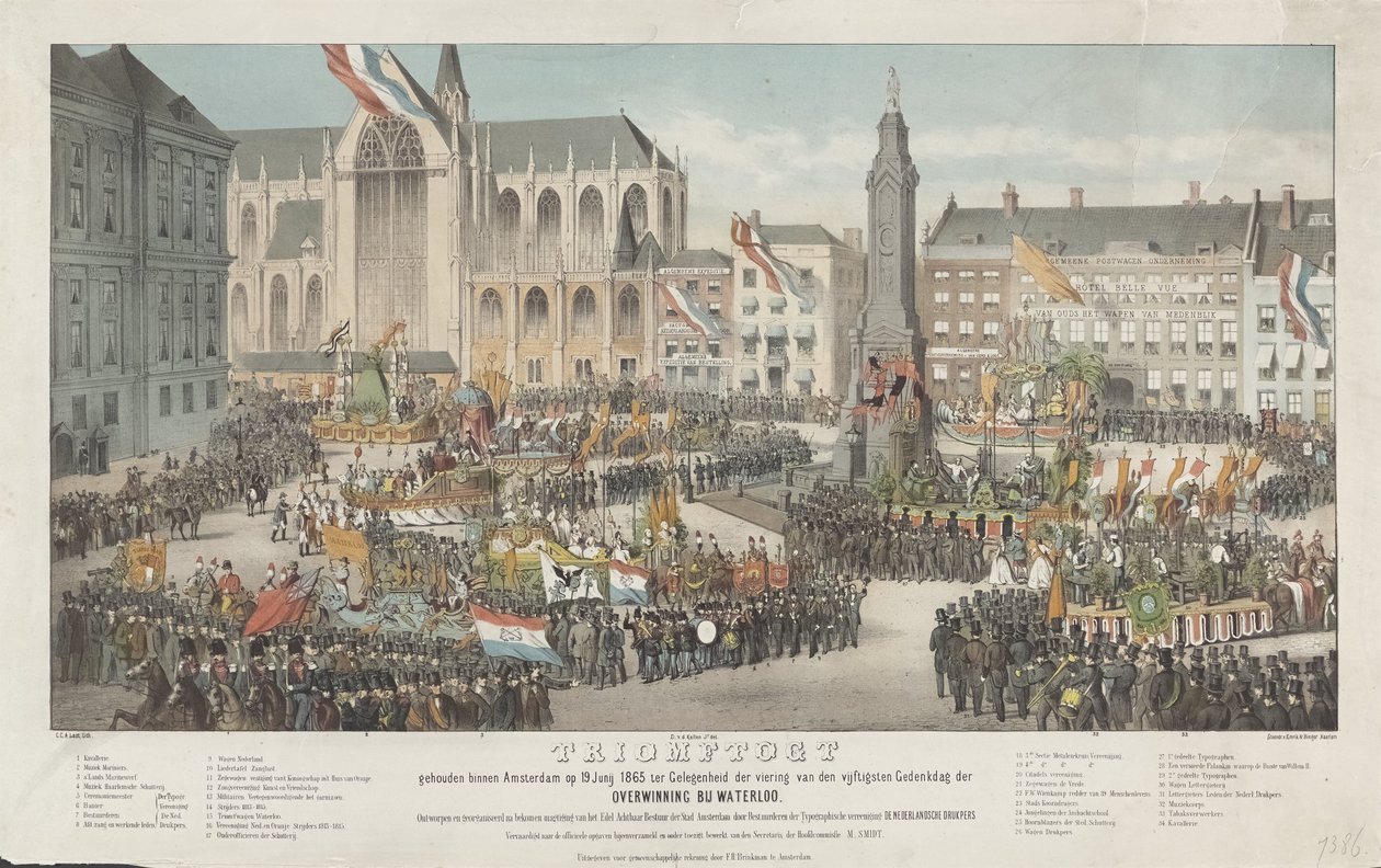 Triunfo em Amsterdã em 19 de junho de 1865 por ocasião da celebração do cinquentenário da vitória perto de Waterloo (título no objeto) de Carel Christiaan Antony Last