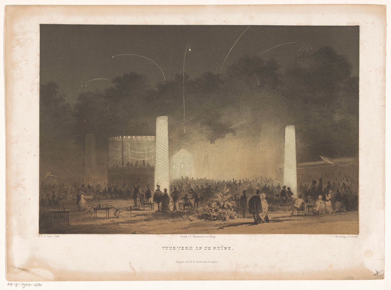 Fogos de artifício na grande ruína em Leiden Fogos de artifício nas ruínas (título no objeto) de Carel Christiaan Antony Last