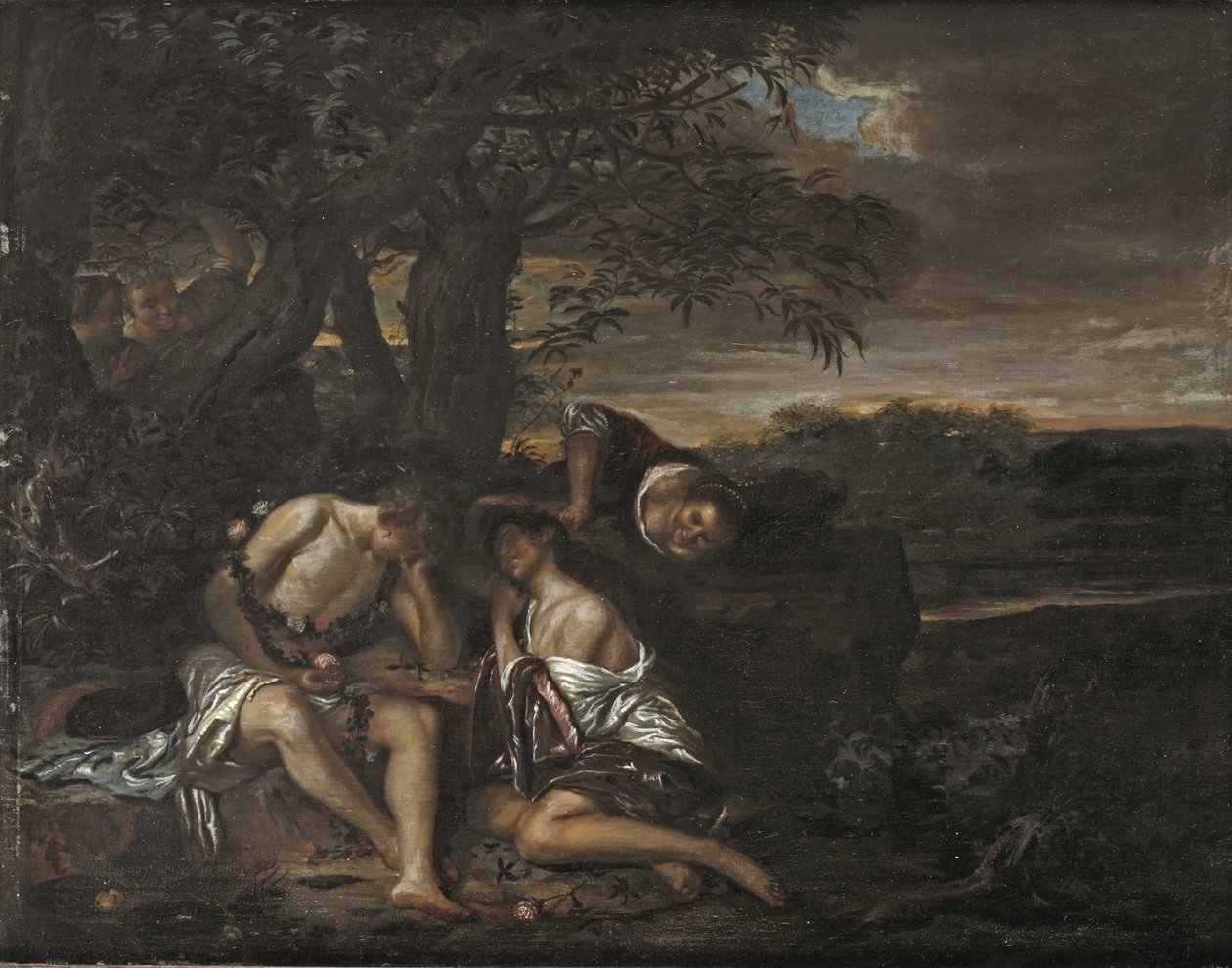 Um casal adormecido, descoberto por três mulheres numa paisagem Arcadiana (óleo sobre painel) de Carel De Moor II (attr. to)