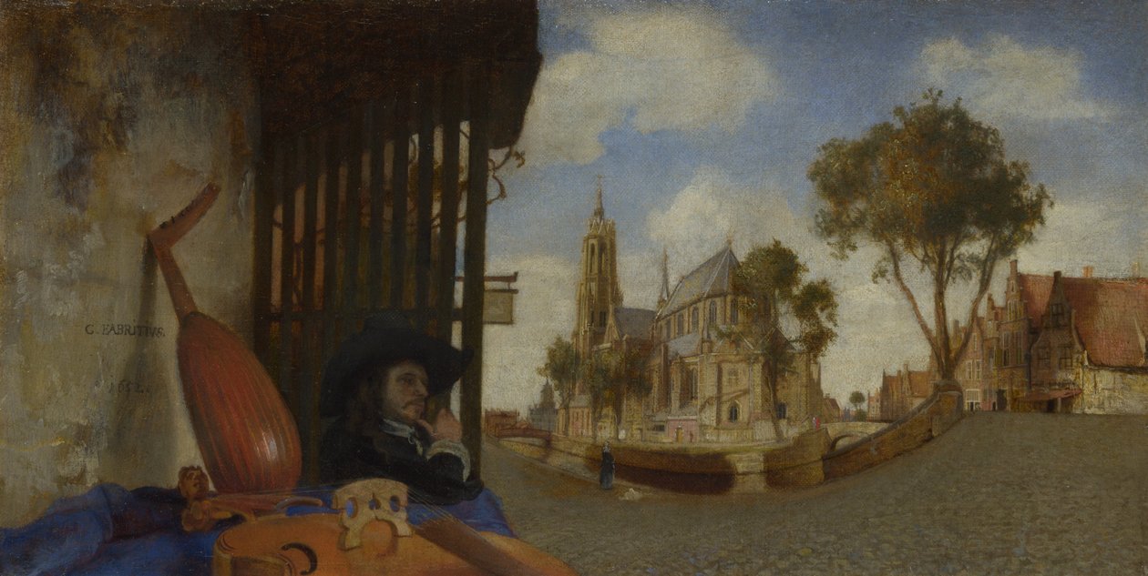 Uma vista de Delft, com uma parada de vendedores de instrumentos musicais, 1652 de Carel Fabritius