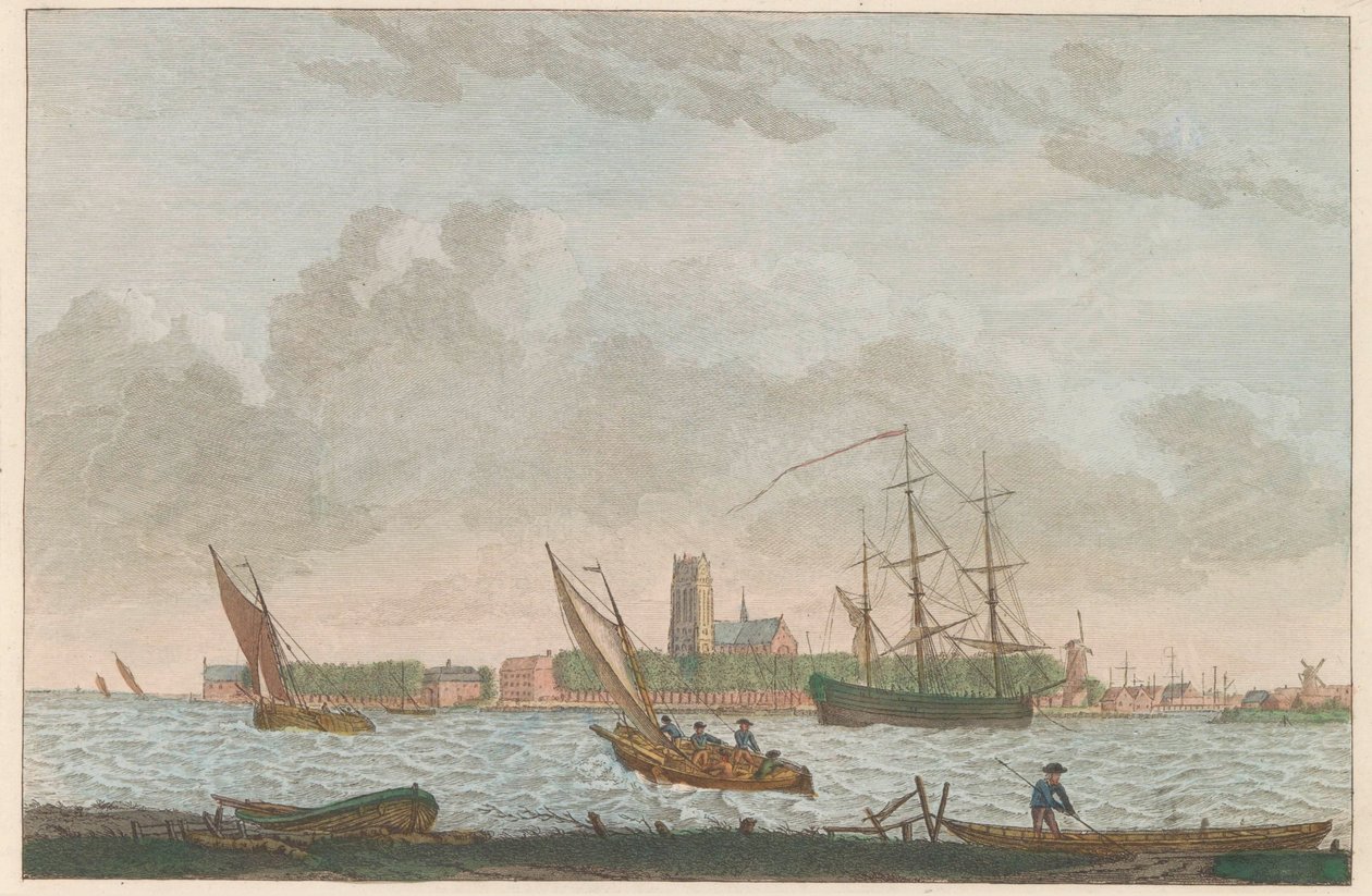 Dordrecht do Merwede, cerca de 1790 Dordrecht van de Merwe em exibição / La ville Dordrecht - prêmio du coté dela riviere dite la Merwe (título no objeto) de Carel Frederik Bendorp (I)