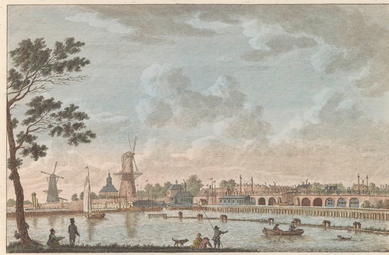 Gezicht op de Hogesluis, c. 1790 Hooge Amstel Sluis te Amsterdam / Ponte alta, chamada hoog sluis - anteriormente chamada de Ponte dos Amantes, tirada do lado do amstel mais tarde em Amsterdã (título no objeto) de Carel Frederik Bendorp (I)