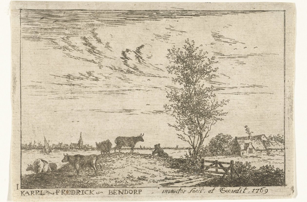 Impressão do título mostrando a paisagem fluvial com vacas
Paisagens (título da série) de Carel Frederik Bendorp (I)