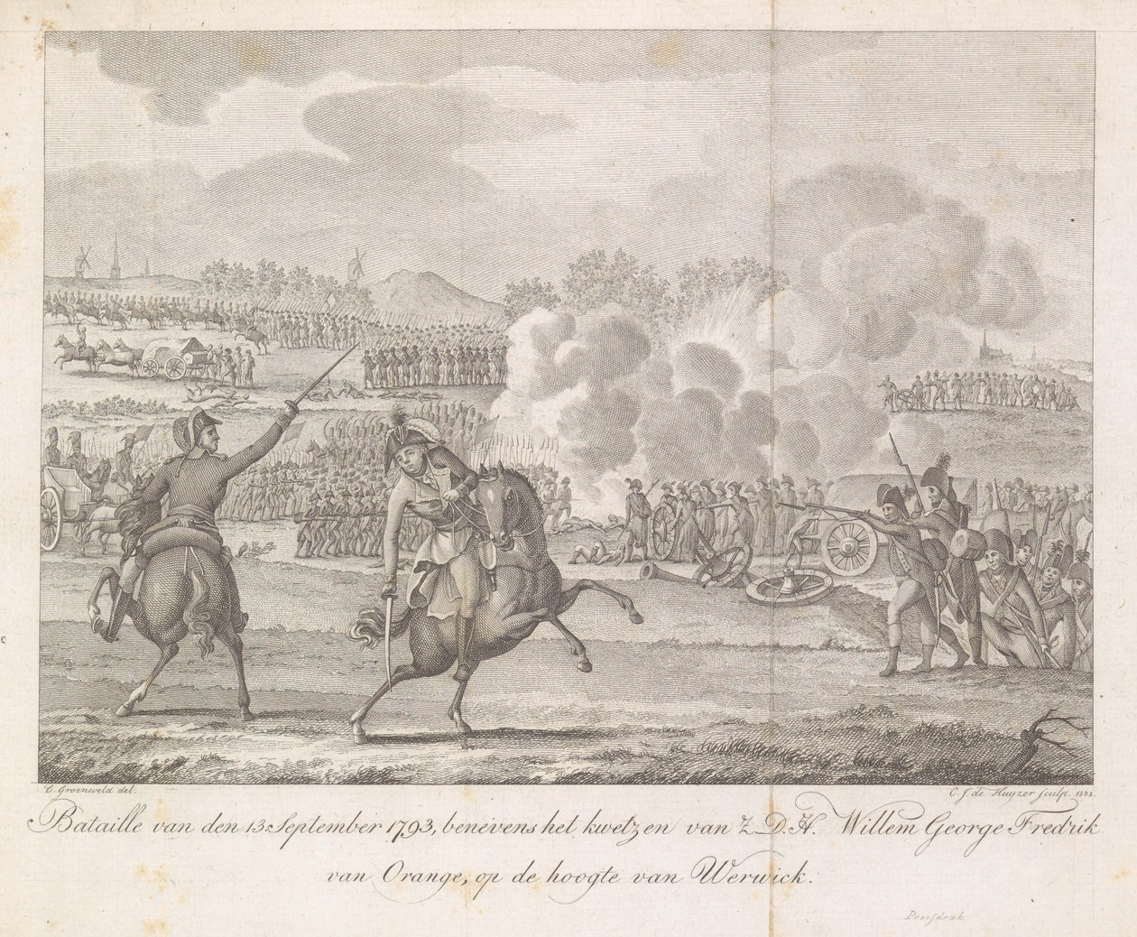 Príncipe Frederik é ferido em Wervik, 1793 Bataille de 13 de setembro de 1793, além do ferimento de H.D.H. Willem George Fredrik de Orange, ao lado de Werwick (título no objeto) de Carel Jacob de Huyser