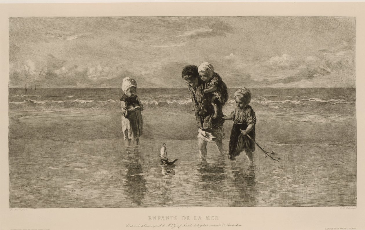 Quatro crianças brincam com um barco de brinquedo na praia em águas rasas do mar Filhos do mar Enfants de la mer (título no objeto) de Carel Lodewijk Dake