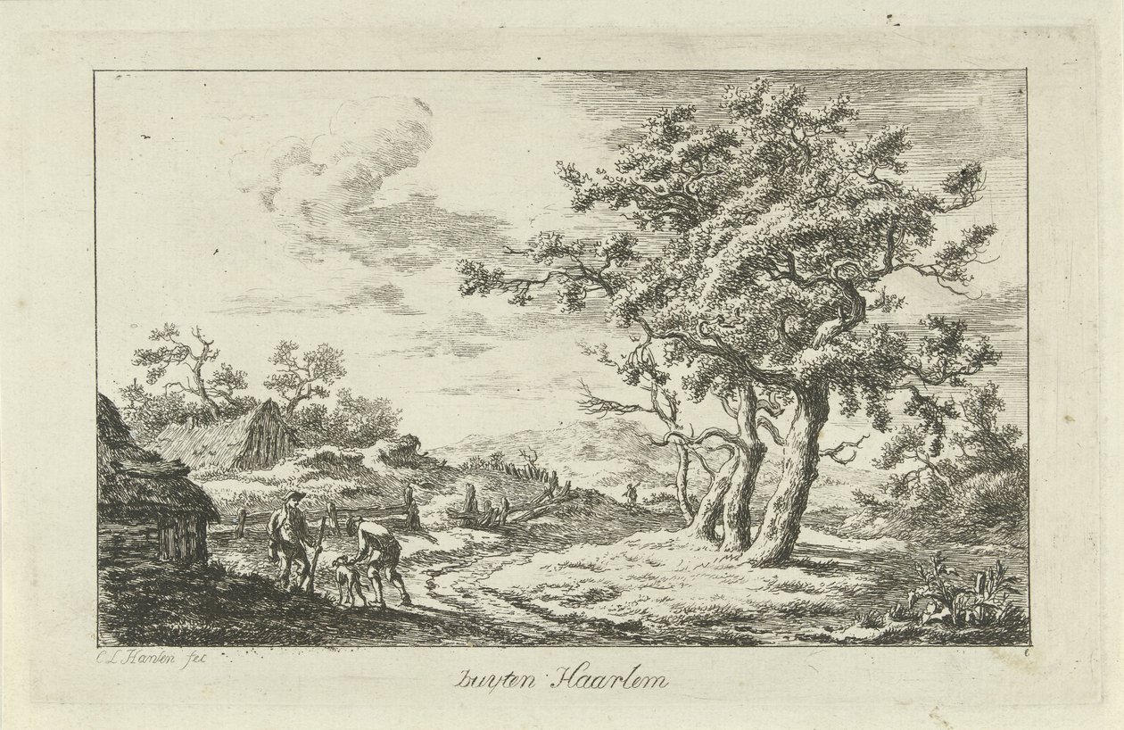 Caçadores com um cachorro em uma trilha Buyten Haarlem (título no objeto) Paisagens (a-f) (título da série) de Carel Lodewijk Hansen