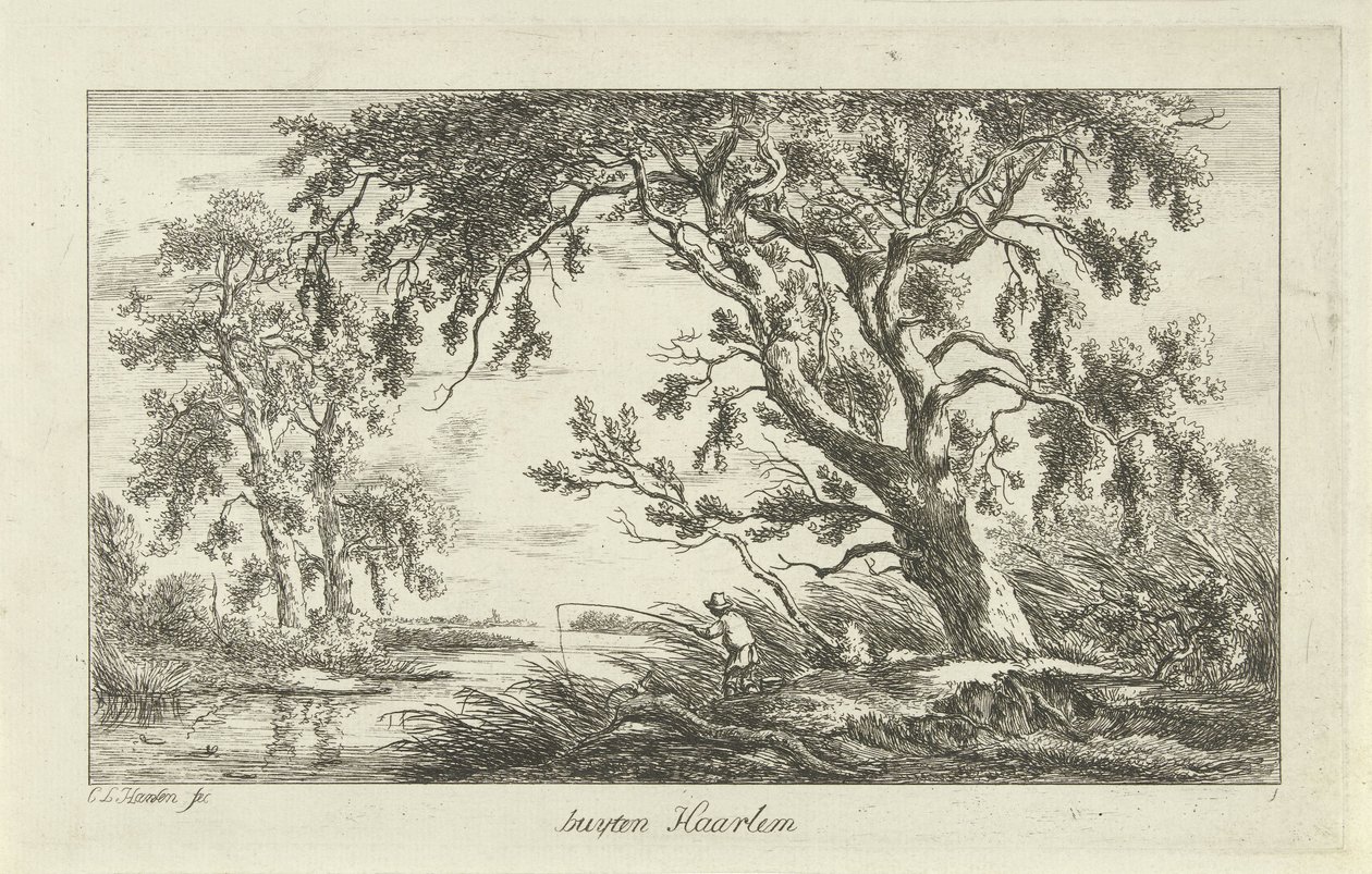 Pescador em uma paisagem fluvial Buyten Haarlem (título no objeto) Paisagens (a-f) (título da série) de Carel Lodewijk Hansen