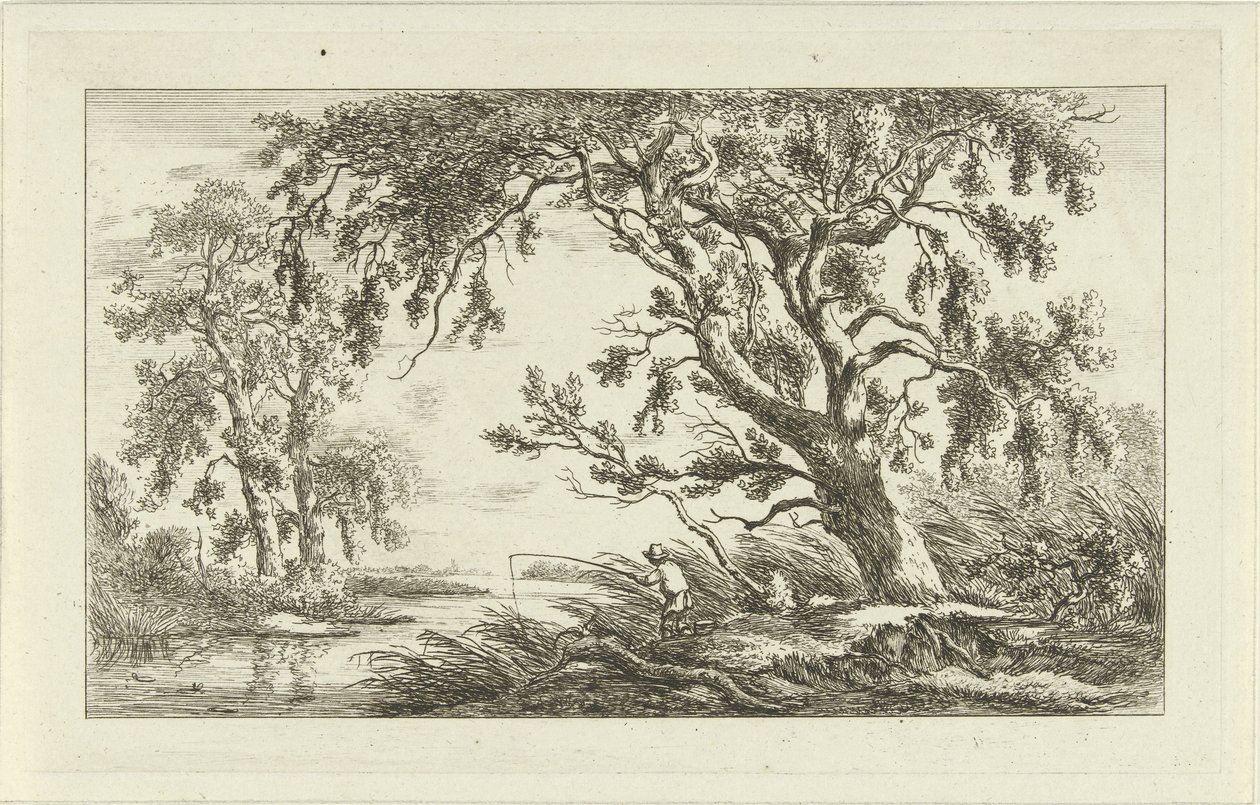 Pescador em uma paisagem fluvial Paisagens (a-f) (título da série) de Carel Lodewijk Hansen