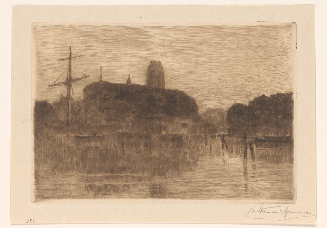 Vista do Nieuwe Haven em Dordrecht à noite de Carel Nicolaas Storm van 