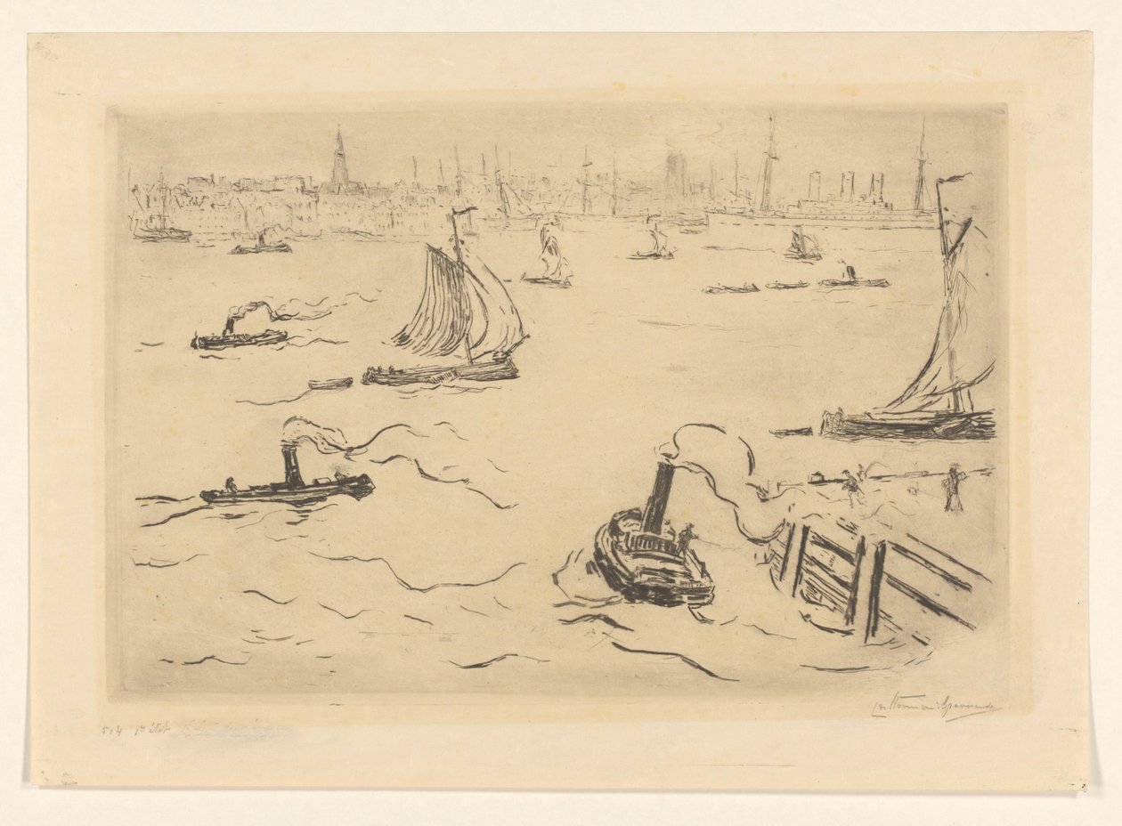 Rio com navios perto de uma cidade de Carel Nicolaas Storm van 