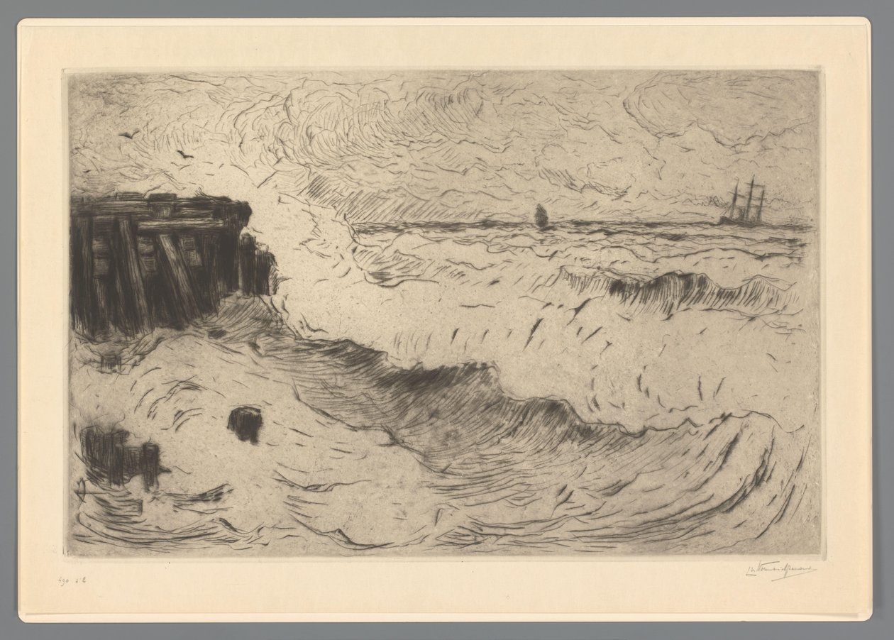 Mar bravo com um navio à vela num cais de Carel Nicolaas Storm van 