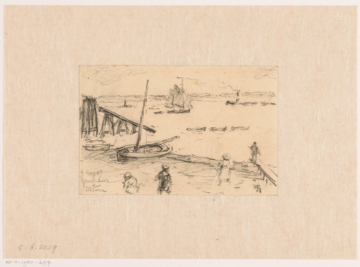 Vista do Elba perto de Altona, com barcos de pesca e banhistas de Carel Nicolaas Storm van 