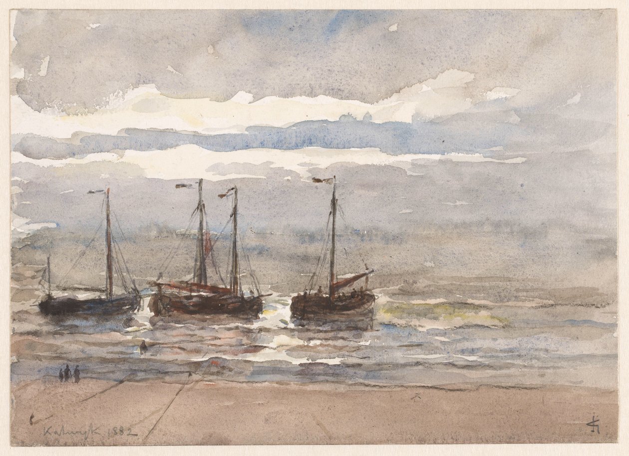 Barcos de pesca na praia de Katwijk na maré cheia de Carel Nicolaas Storm van 
