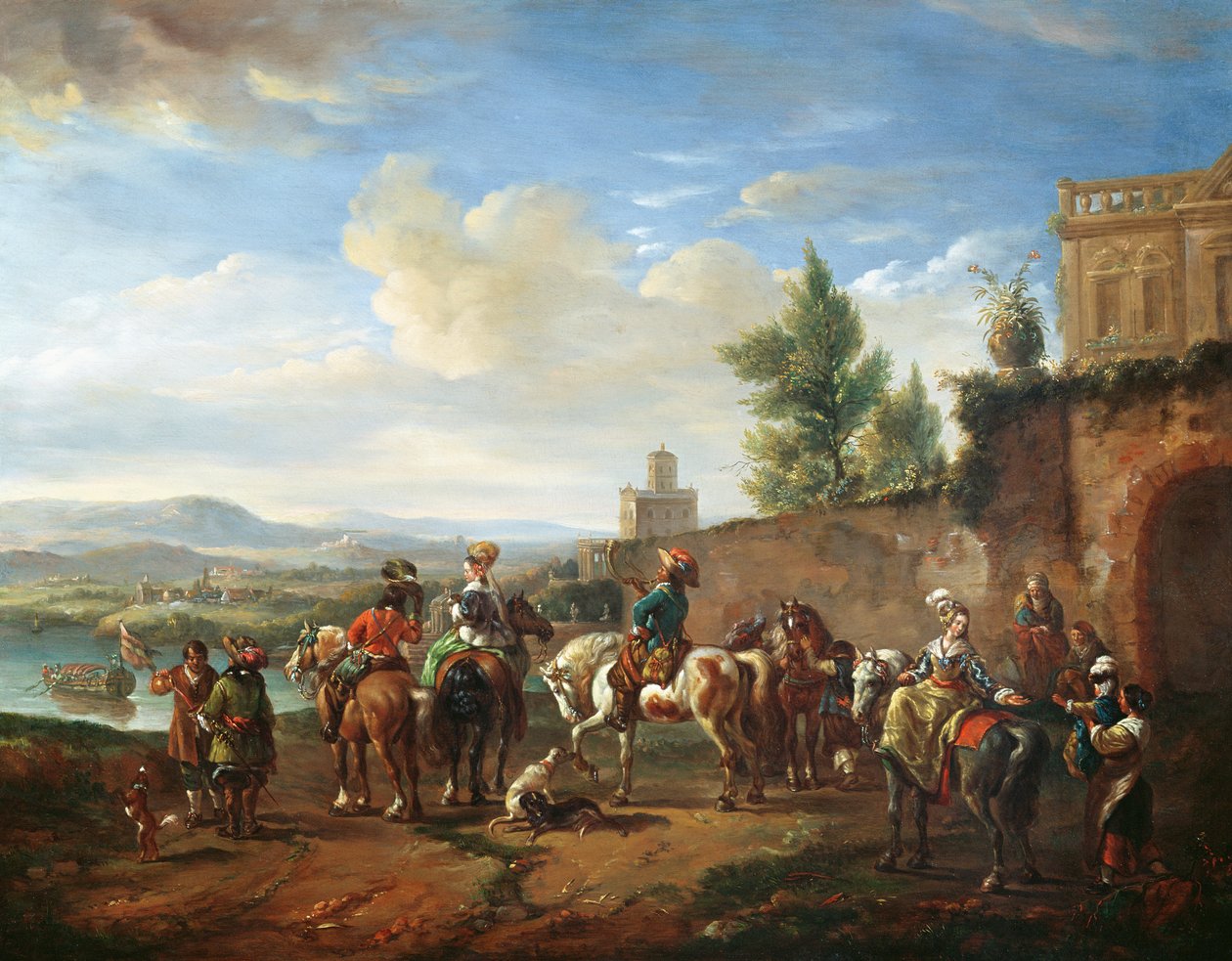 Uma festa de caça por uma casa de campo de Carel van Falens or Valens