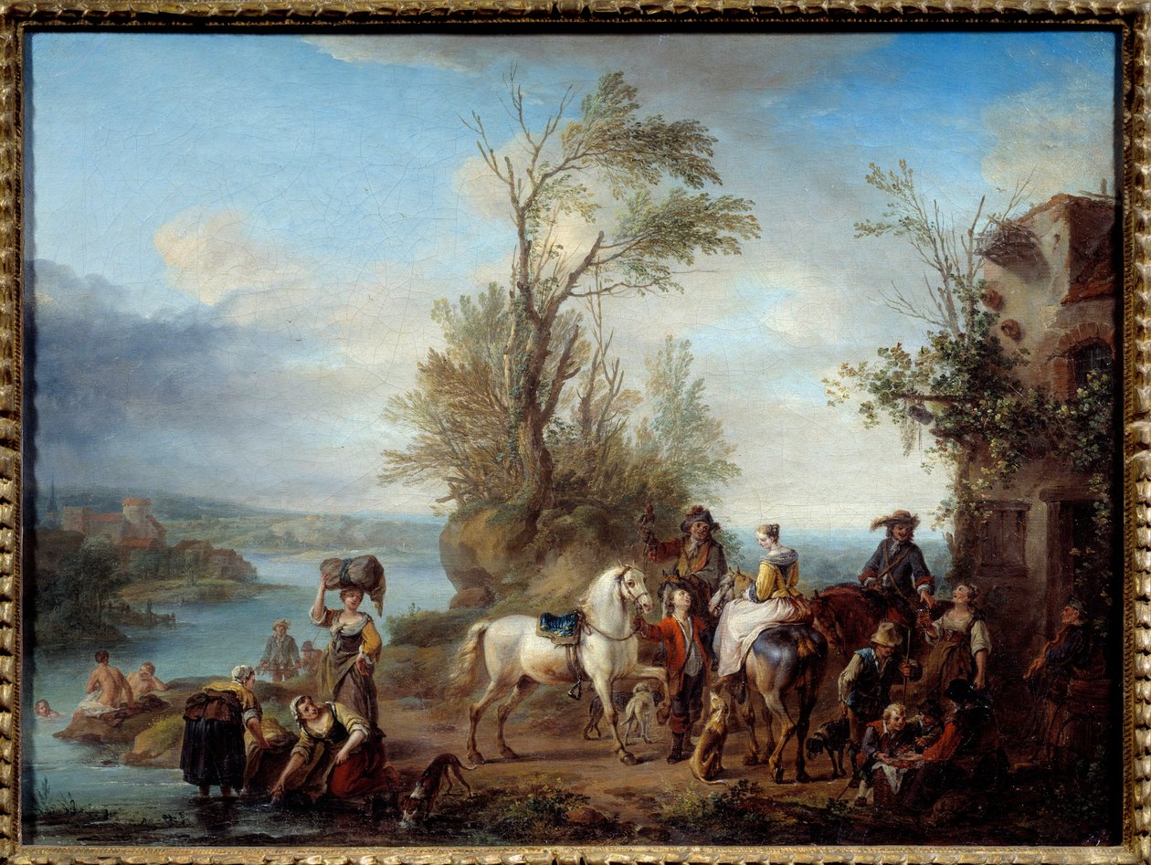 Vá caçar Lavandieres e nadar nas margens de um rio. Pintura por Carel van Falens (1683-1733) 1726 Sol. 0,45x0,6 m de Carel van Falens or Valens