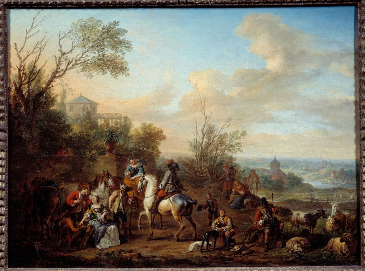 Parada dos caçadores Pintura por Carel Van Falens (1683-1733) Sol do século XVIII. 0,45x0,6 m de Carel van Falens or Valens