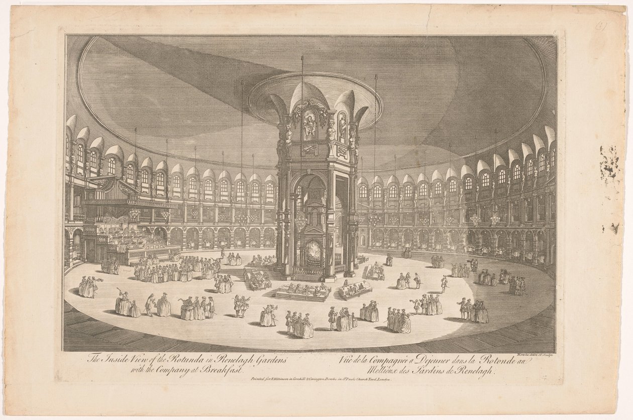 Vista do interior da Rotunda em Ranelagh Gardens, Londres, com uma empresa numa refeição
A vista interior da Rotunda em Renelagh Gardens com a empresa ao pequeno-almoço (título sobre o objecto) de Carington Bowles