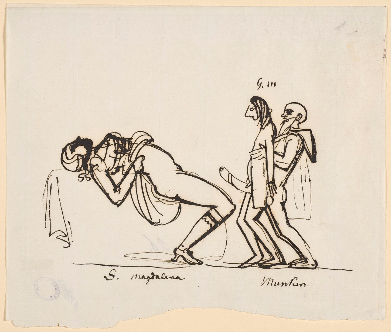 Caricatura da tentativa de Gustav III de produzir um herdeiro. Adolf Fredrick Munck assiste Gustav em sua primeira relação sexual com Sofia Magdalena (Carl August Ehrensvärd, por volta de 1770) de Carl August Ehrensvärd