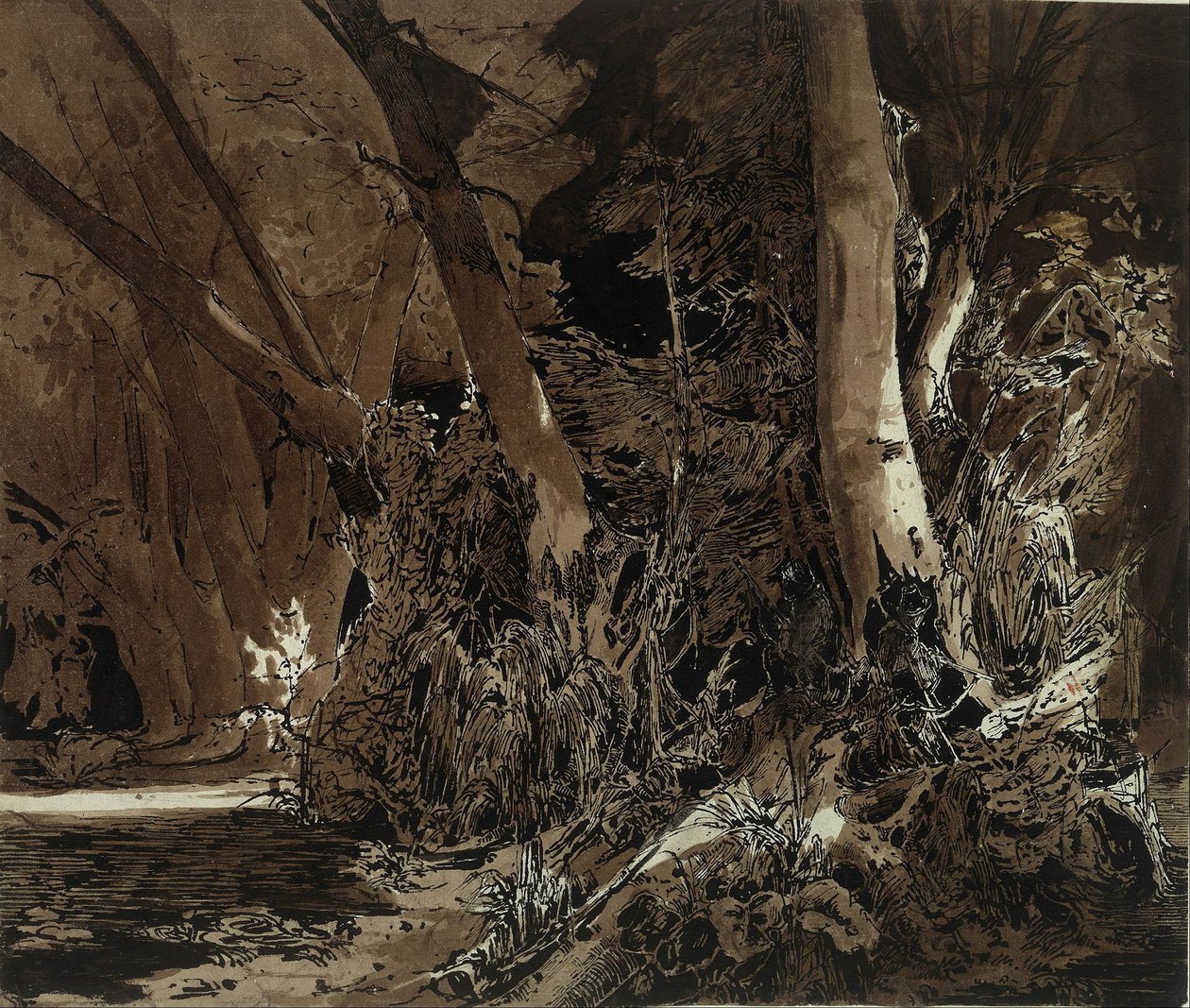 Paisagem da floresta com água corrente e dois caçadores de Carl Blechen