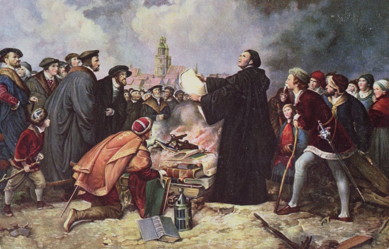 Martinho Lutero (1483-1546) Queimando o touro papal de Carl Friedrich Lessing