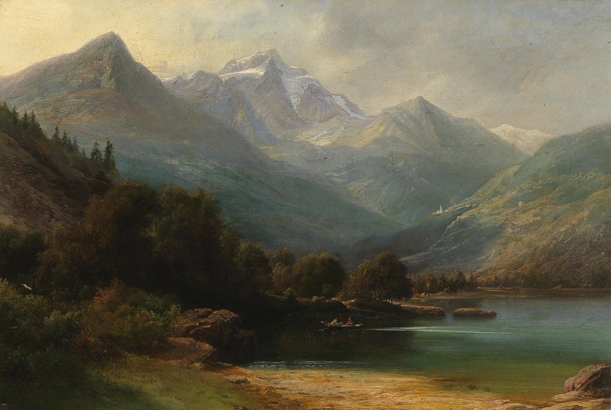 Vista do Lago di Poschiavo com a Cordilheira de Bernina (Graubünden) de Carl Friedrich Seiffert