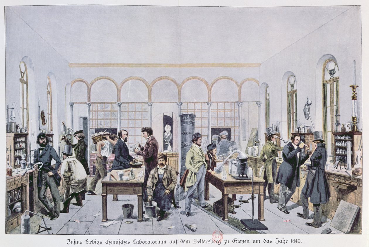 Vista do laboratório de química do barão Justus von Liebig (1803-73) c.1840 em Giessen de Carl Friedrich Wilhelm Trautschold