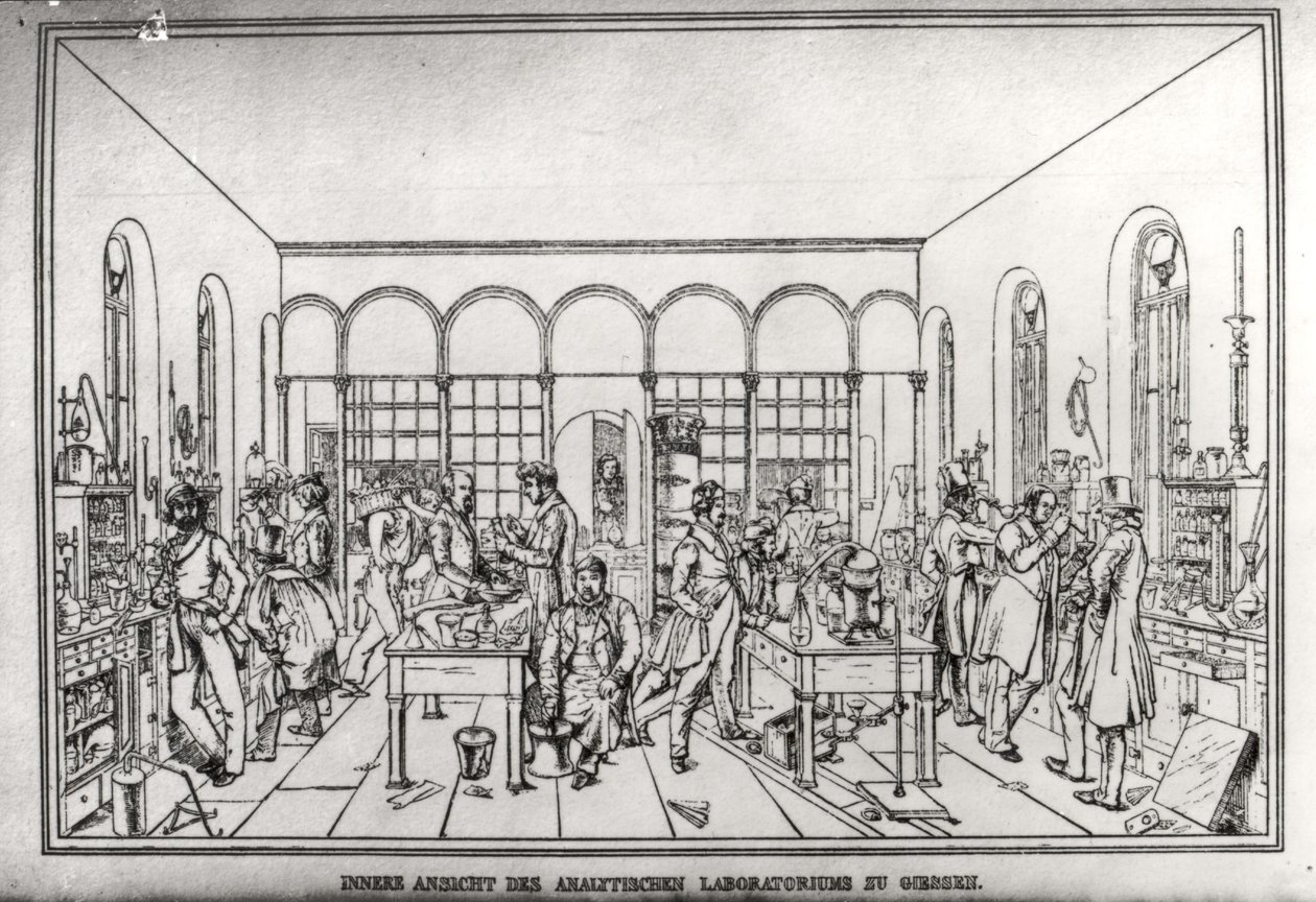 Vista do laboratório de química do barão Justus von Liebig (1803-73) em Giessen de Carl Friedrich Wilhelm Trautschold