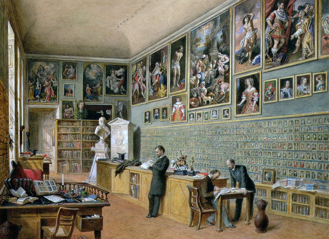 A Biblioteca, em uso como um escritório da Galeria Ambraser no Belvedere Inferior, 1879 de Carl Goebel