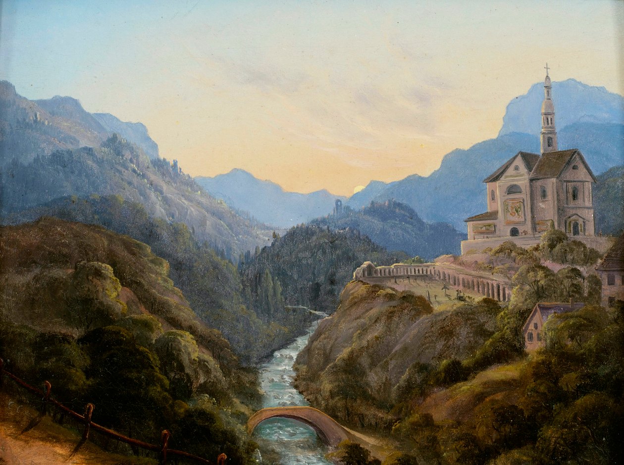 Paisagem montesa de noite com vale de rio e facilidade de monastério de Carl Gustav Carus