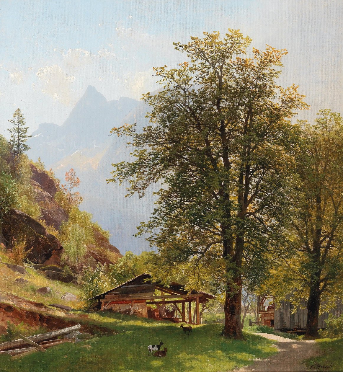 Paisagem, com, cultive edifícios de Carl Hasch