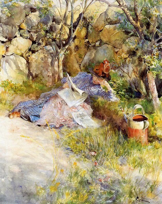 Uma senhora lendo um jornal de Carl Larsson