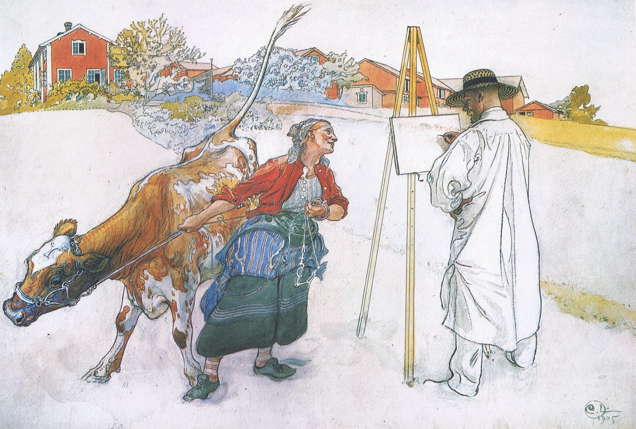 Junto veio Joanna levando Blomma a vaca de Carl Larsson
