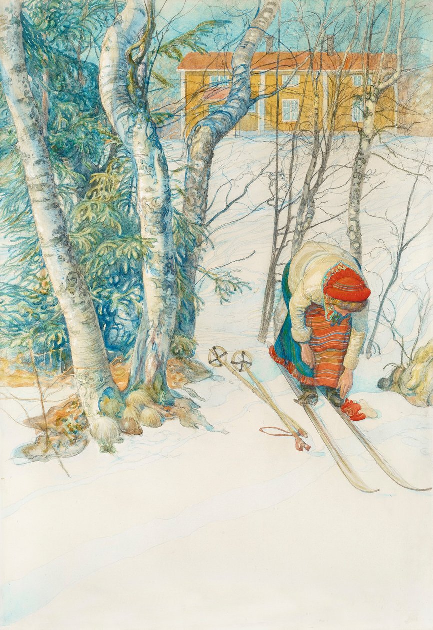 Fivelas menina em esquis de Carl Larsson