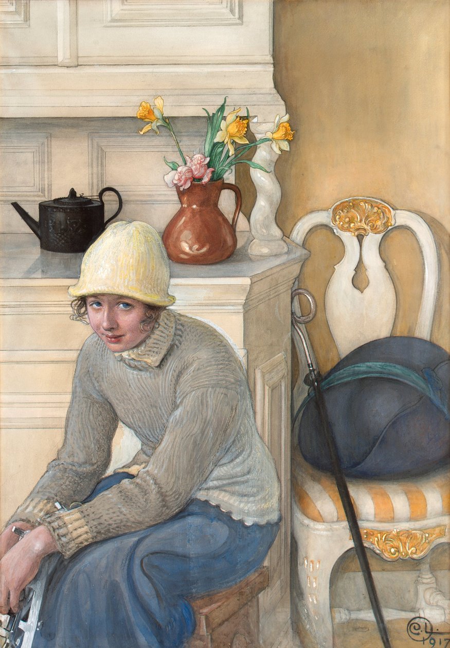 Menina, com, patins gelo, interior, de, a, escola, lar, falun, 1917 de Carl Larsson