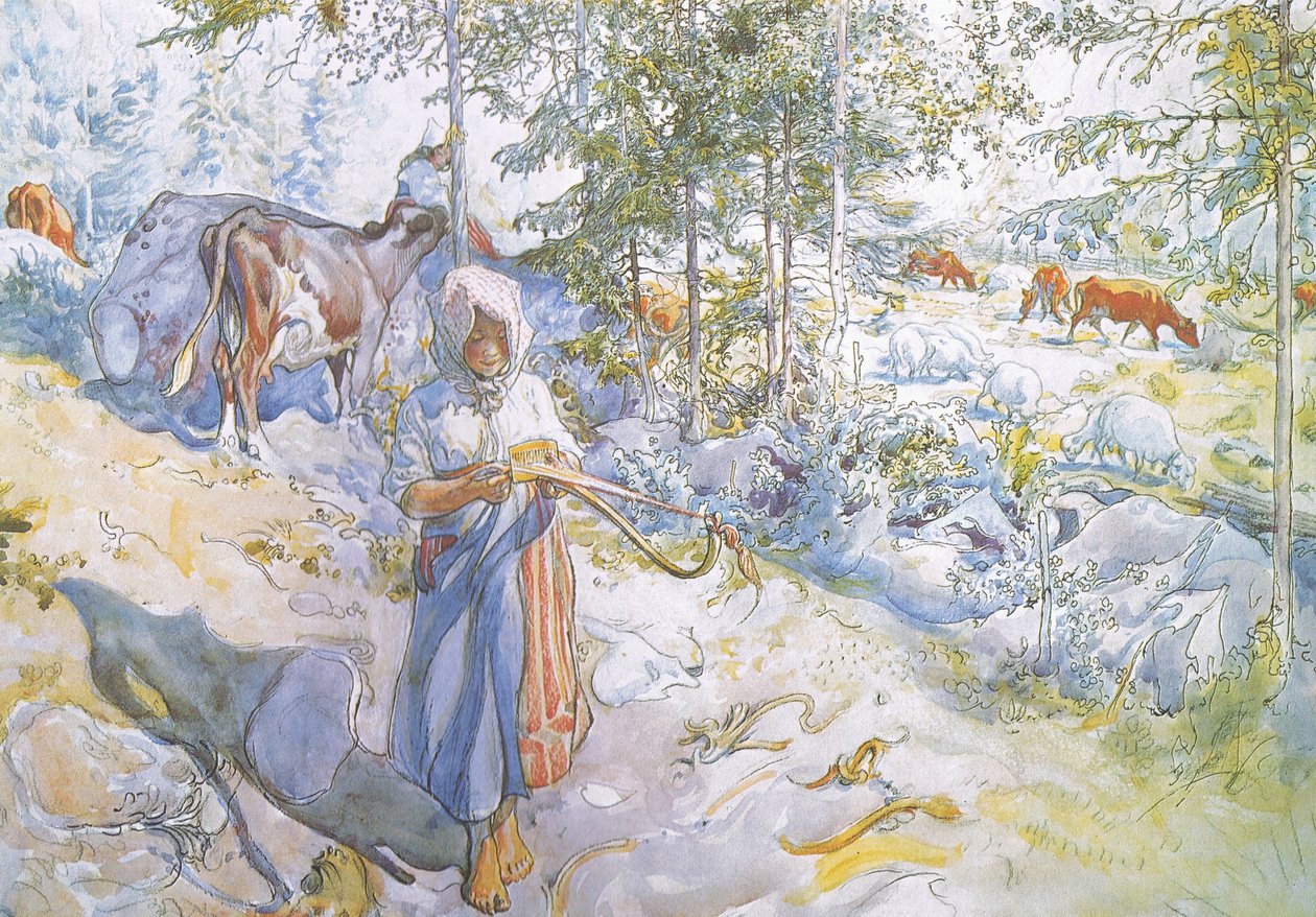 Por último veio o pequeno Kertsi com um galho de salgueiro para conduzir as vacas de Carl Larsson