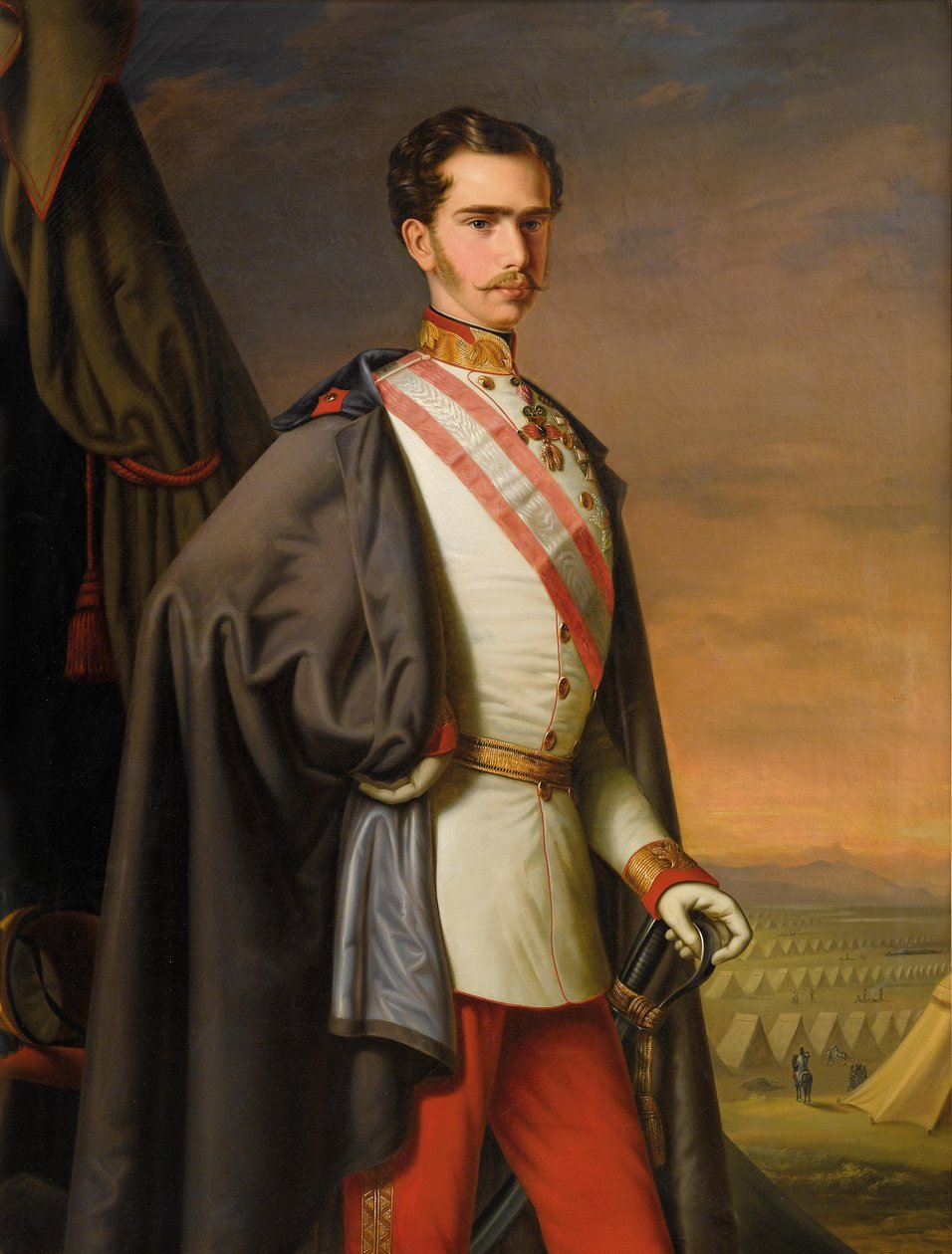 Imperador Franz Joseph da Áustria em uniforme como marechal de campo, no fundo um acampamento de Carl Lemmermayer