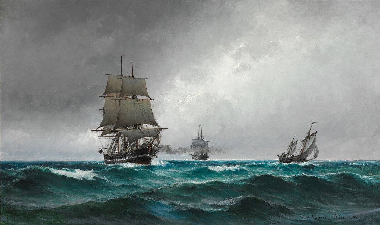 Noite tranquila no Mar do Norte com a fragata Jutland de Carl Ludvig Locher