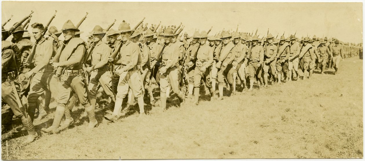 Horizontal, sepia, fotografia, mostrando, filas, de, uniformed, soldados, marchando, através, um, grama, campo, formação, enquanto, carregar, rifles de Carl Michel