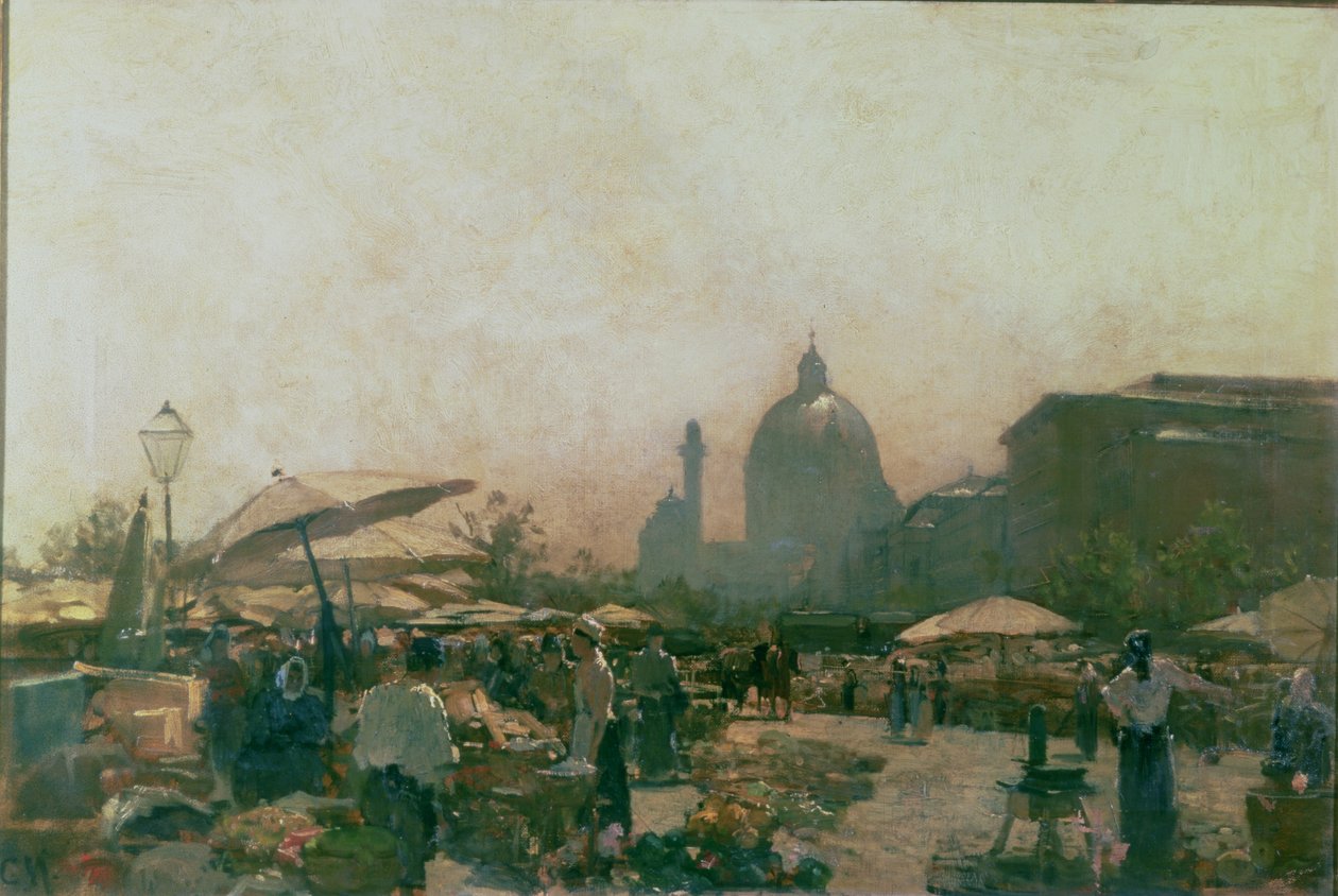 Mercado com a Igreja de São Carlos à Distância, Viena, c.1894 de Carl Moll