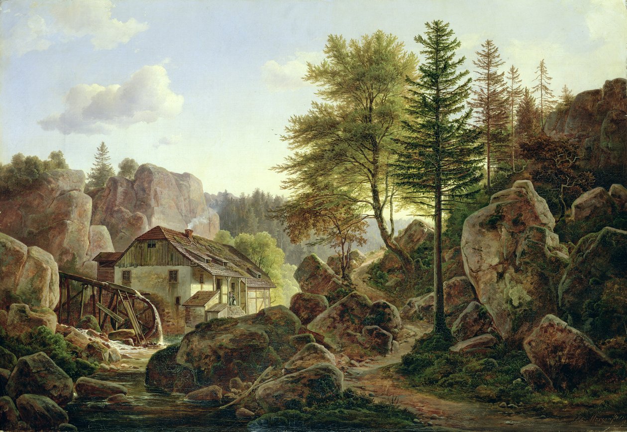 Um moinho de água nos Vosges perto de Ribanville, 1836 de Carl Morgenstern