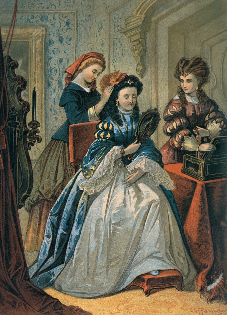 Cinderela fazendo o cabelo da sua irmã para a bola, ilustração para &39;Cinderela&39; por Charles Perrault (1628-1703) (gravura a cores) de Carl Offterdinger