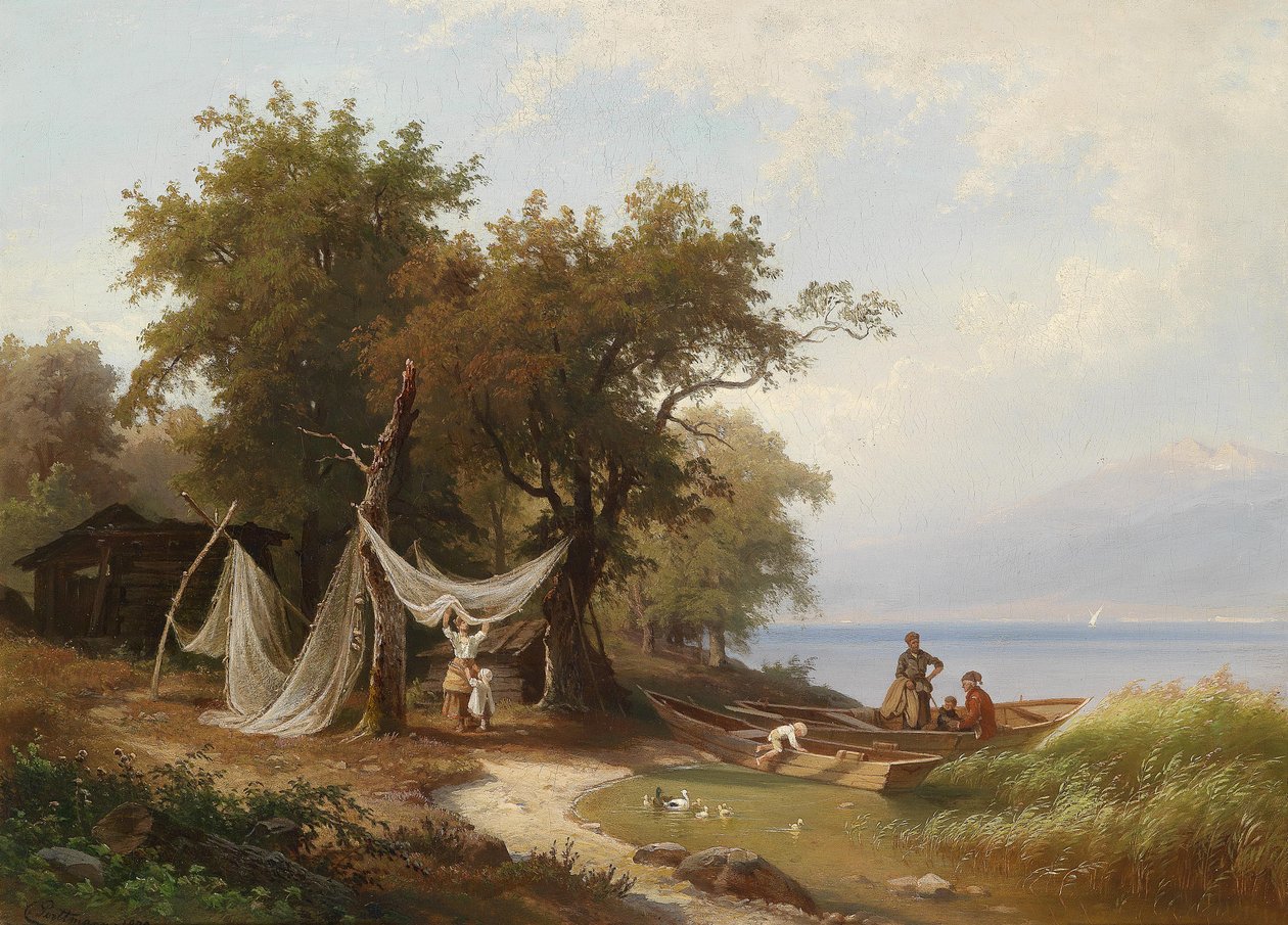 Família de pescadores nas margens do Lago de Genebra de Carl Porttmann