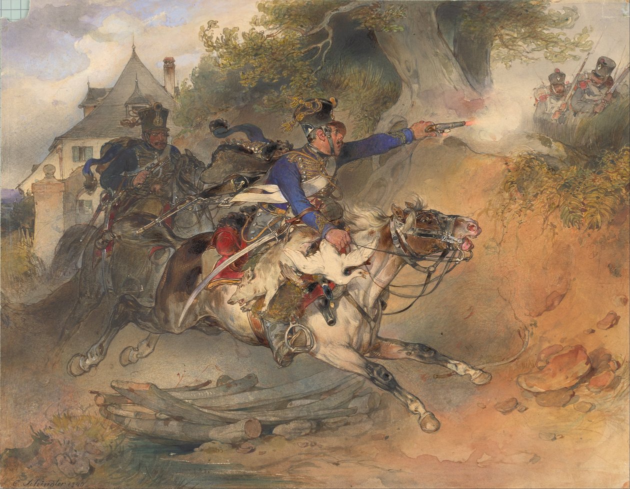 O Hussardo Forrageamento, 1840 de Carl Schindler